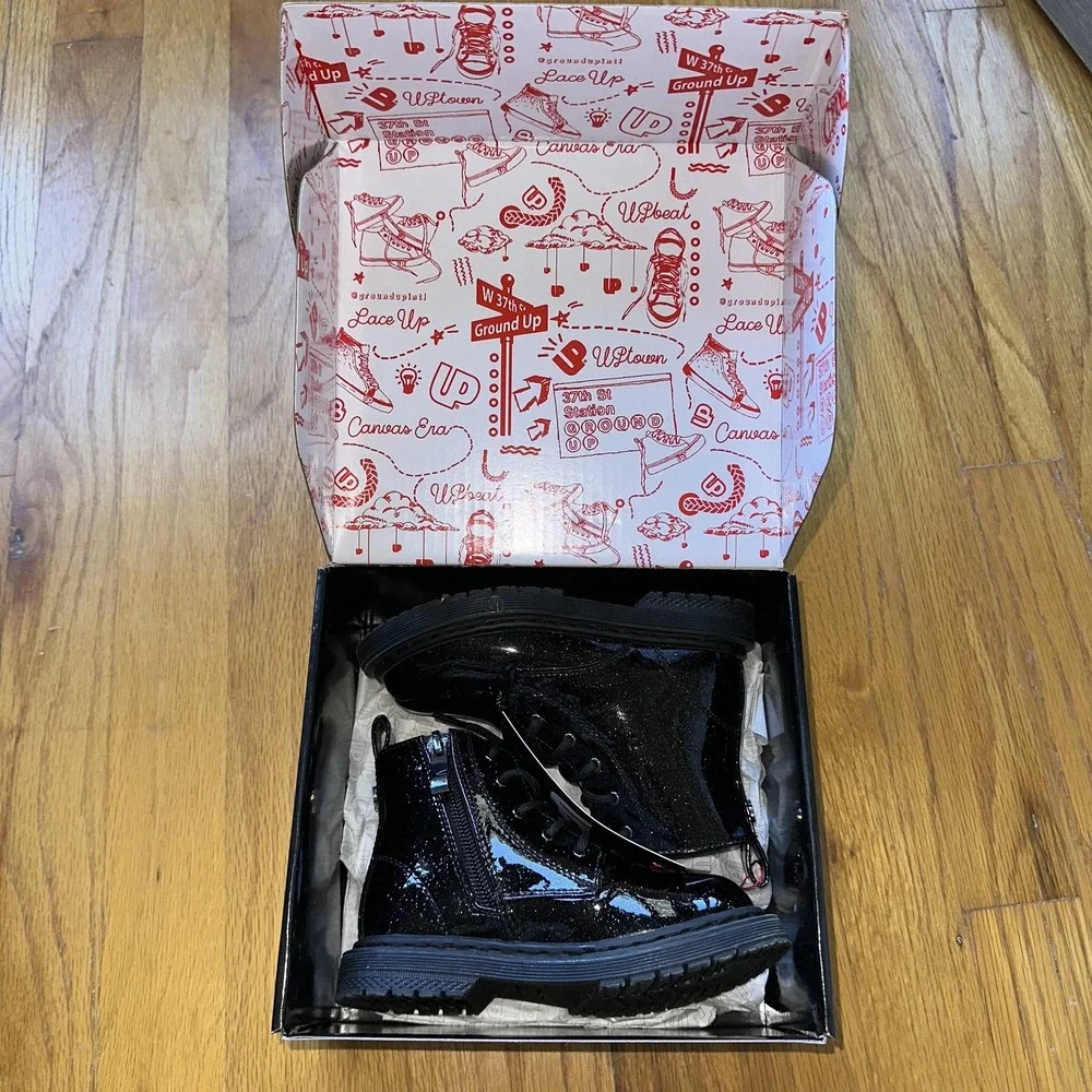 Ground Up Boots Girls 9 Black Glitter Patent Combat Lace Up Side Zip Ankle Youth